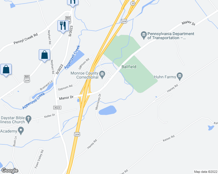 map of restaurants, bars, coffee shops, grocery stores, and more near 4227 Manor Drive in Stroudsburg