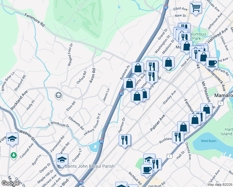 map of restaurants, bars, coffee shops, grocery stores, and more near 650 Baldwin Place in Mamaroneck