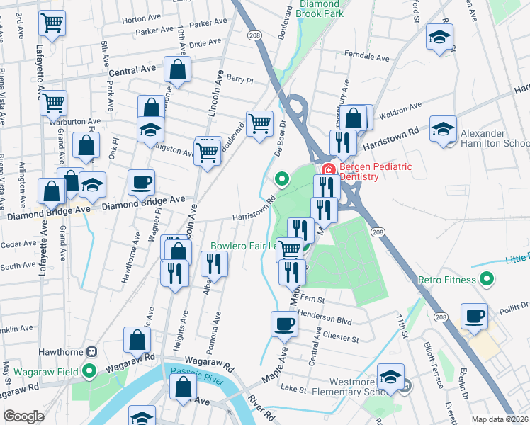 map of restaurants, bars, coffee shops, grocery stores, and more near 80 Harristown Road in Fair Lawn