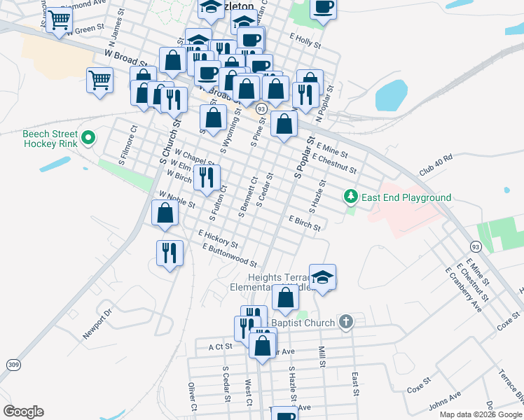 map of restaurants, bars, coffee shops, grocery stores, and more near 184 South Cedar Street in Hazleton