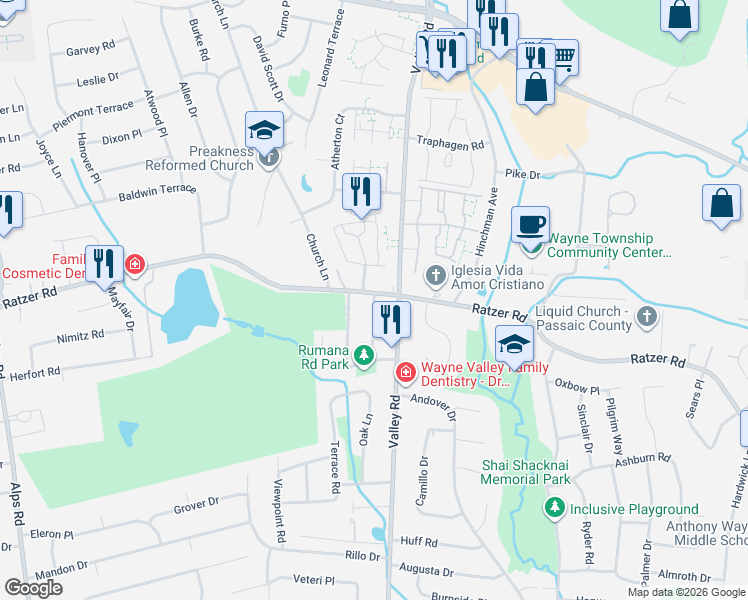 map of restaurants, bars, coffee shops, grocery stores, and more near 1071 Valley Road in Wayne