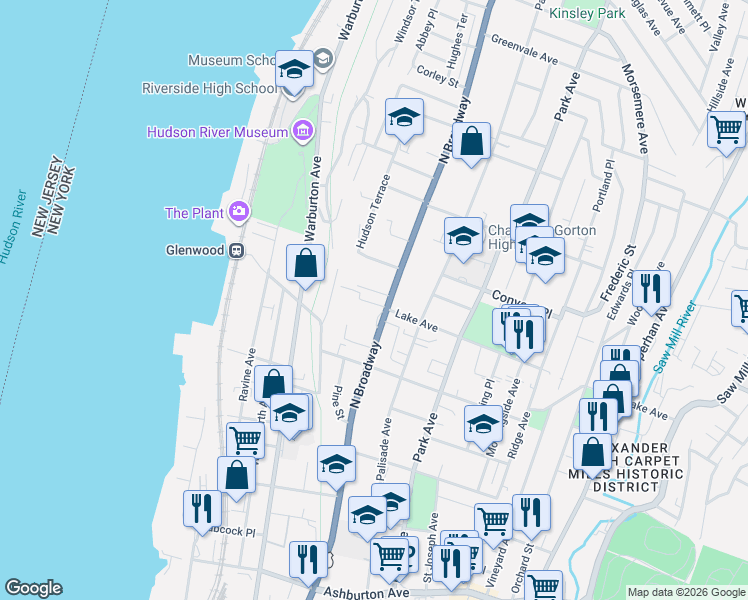 map of restaurants, bars, coffee shops, grocery stores, and more near 397 North Broadway in Yonkers