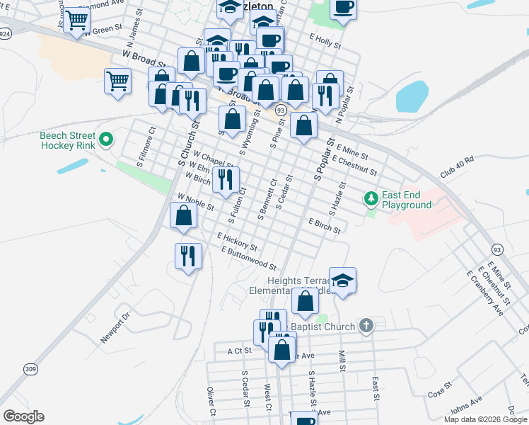 map of restaurants, bars, coffee shops, grocery stores, and more near 184 South Cedar Street in Hazleton