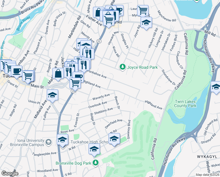 map of restaurants, bars, coffee shops, grocery stores, and more near 87 Waverly Avenue in Eastchester