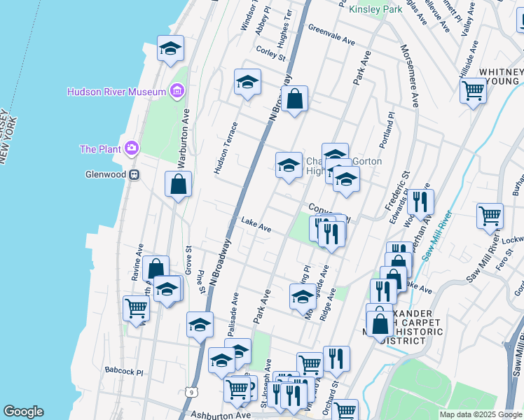 map of restaurants, bars, coffee shops, grocery stores, and more near 437 Palisade Avenue in Yonkers