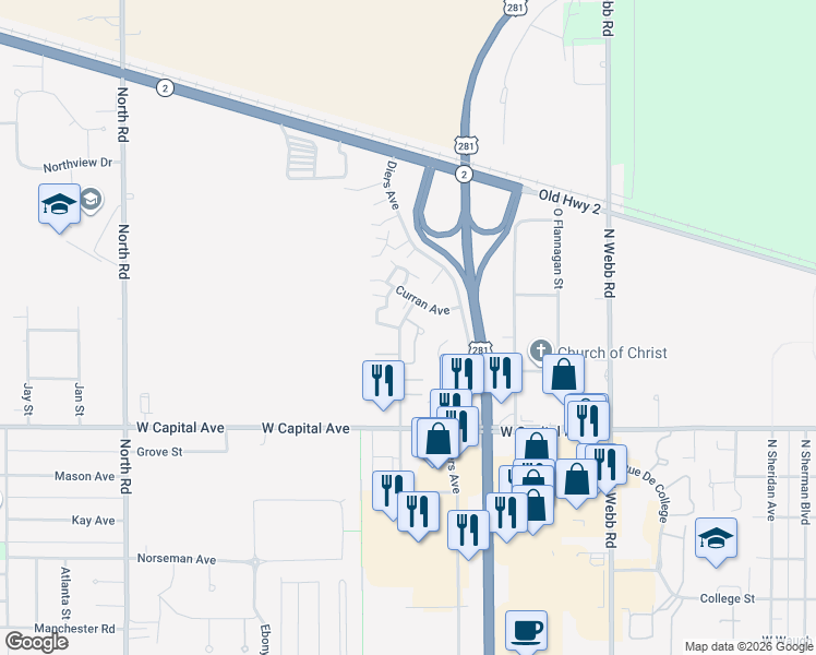 map of restaurants, bars, coffee shops, grocery stores, and more near 2600-2698 Brennen Lane in Grand Island