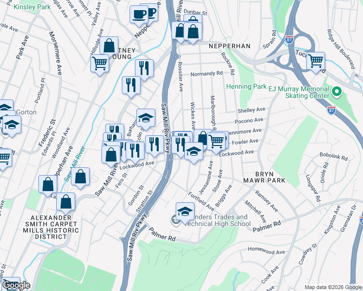 map of restaurants, bars, coffee shops, grocery stores, and more near 7 Rossiter Avenue in Yonkers