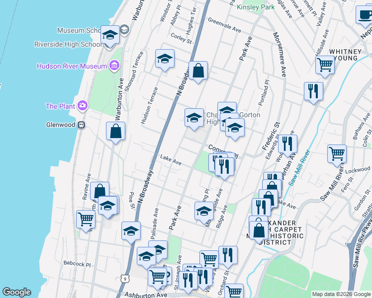 map of restaurants, bars, coffee shops, grocery stores, and more near in Yonkers