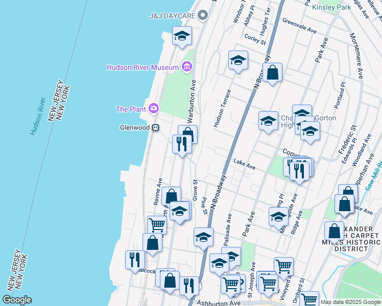 map of restaurants, bars, coffee shops, grocery stores, and more near 370 Warburton Avenue in Yonkers