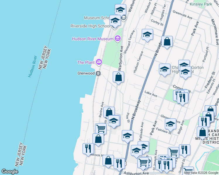 map of restaurants, bars, coffee shops, grocery stores, and more near 140 Ravine Avenue in Yonkers