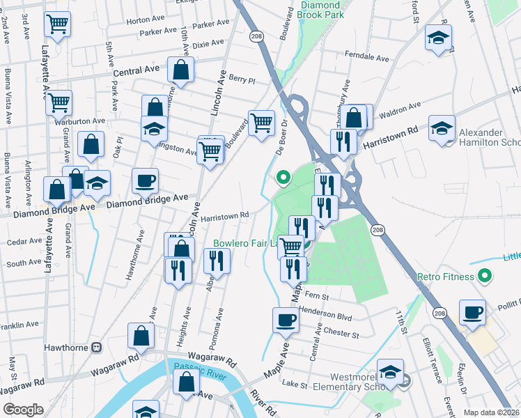 map of restaurants, bars, coffee shops, grocery stores, and more near 80 Harristown Road in Fair Lawn