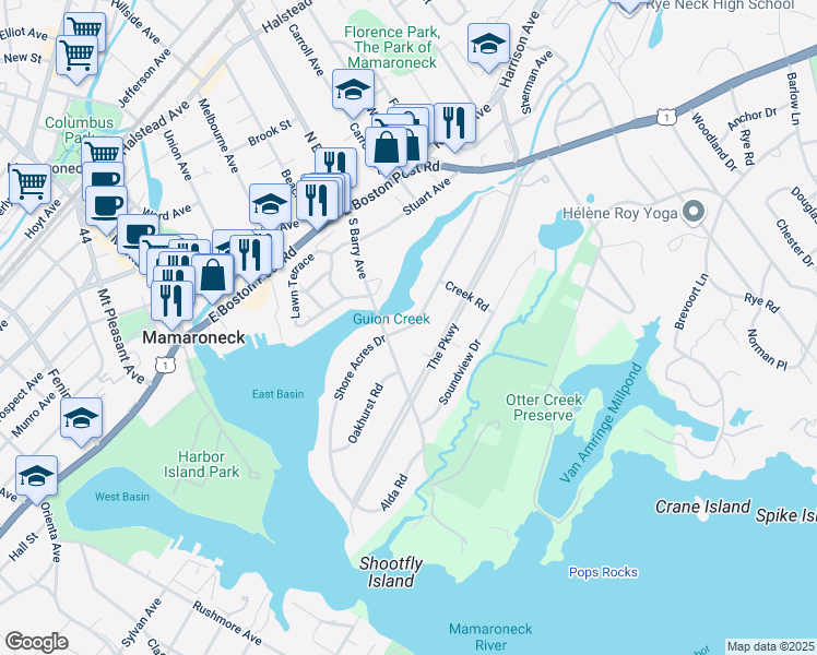 map of restaurants, bars, coffee shops, grocery stores, and more near 704 Shore Acres Drive in Mamaroneck