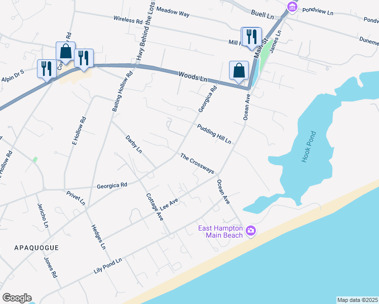 map of restaurants, bars, coffee shops, grocery stores, and more near 25 The Crossways in East Hampton