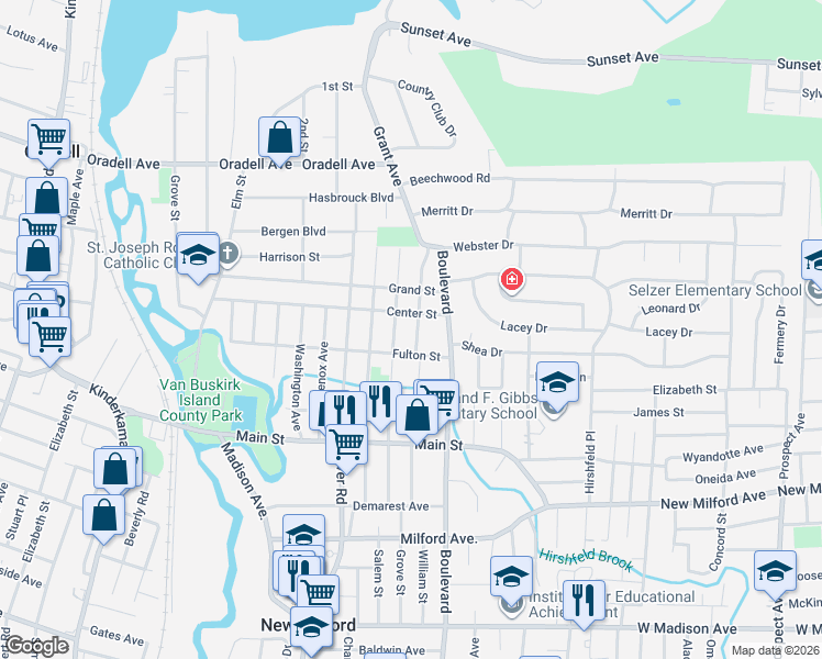 map of restaurants, bars, coffee shops, grocery stores, and more near 253 Fulton Street in New Milford
