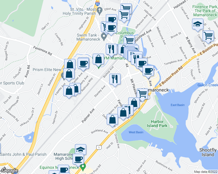 map of restaurants, bars, coffee shops, grocery stores, and more near 441 Palmer Avenue in Mamaroneck