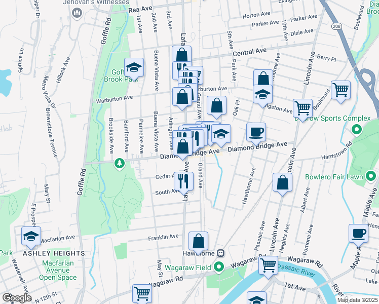 map of restaurants, bars, coffee shops, grocery stores, and more near 304 Lafayette Avenue in Hawthorne