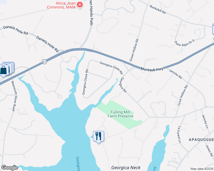 map of restaurants, bars, coffee shops, grocery stores, and more near 104 Georgica Close Road in East Hampton