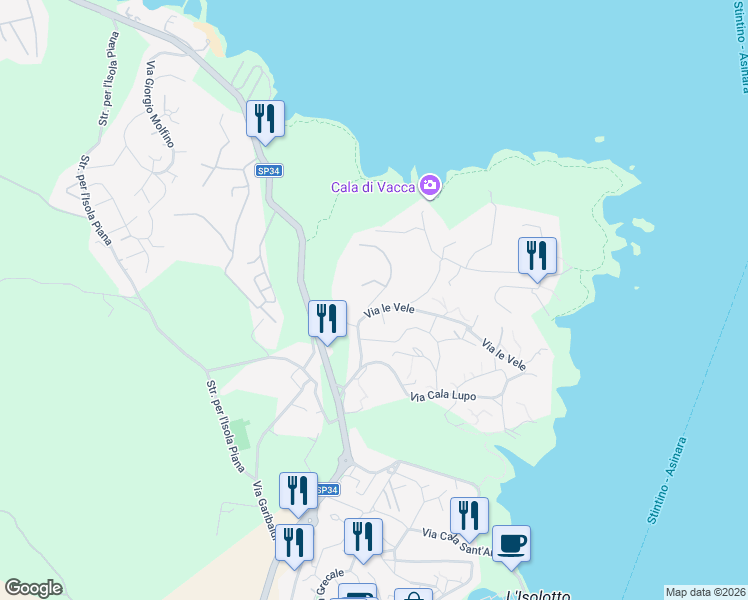 map of restaurants, bars, coffee shops, grocery stores, and more near 24 Via le Vele in Stintino