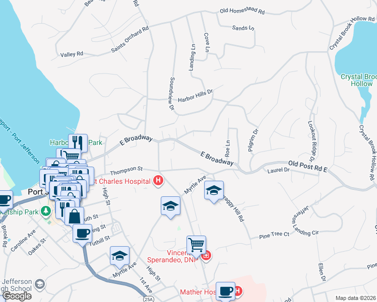map of restaurants, bars, coffee shops, grocery stores, and more near 330 East Broadway in Port Jefferson