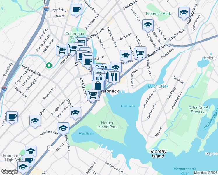 map of restaurants, bars, coffee shops, grocery stores, and more near in Mamaroneck