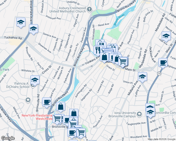 map of restaurants, bars, coffee shops, grocery stores, and more near 10 Lake Avenue in Tuckahoe