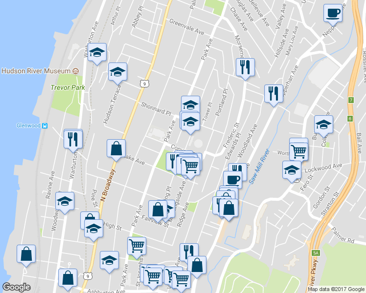 map of restaurants, bars, coffee shops, grocery stores, and more near 1 Convent Avenue in Yonkers