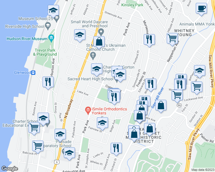 map of restaurants, bars, coffee shops, grocery stores, and more near 1 Convent Avenue in Yonkers