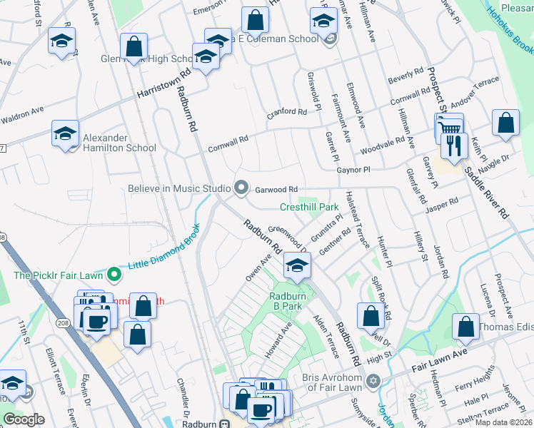 map of restaurants, bars, coffee shops, grocery stores, and more near 22-07 Radburn Road in Fair Lawn