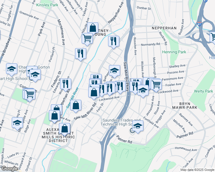 map of restaurants, bars, coffee shops, grocery stores, and more near 38 Agar Street in Yonkers