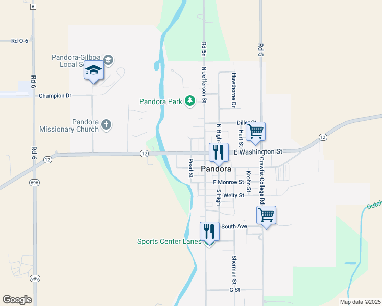 map of restaurants, bars, coffee shops, grocery stores, and more near 201 North Pearl Street in Pandora