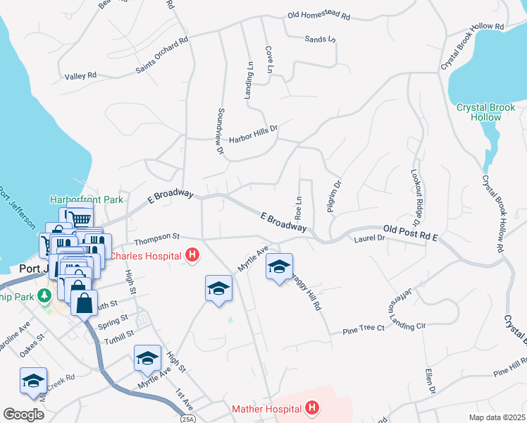 map of restaurants, bars, coffee shops, grocery stores, and more near 515 East Broadway in Port Jefferson