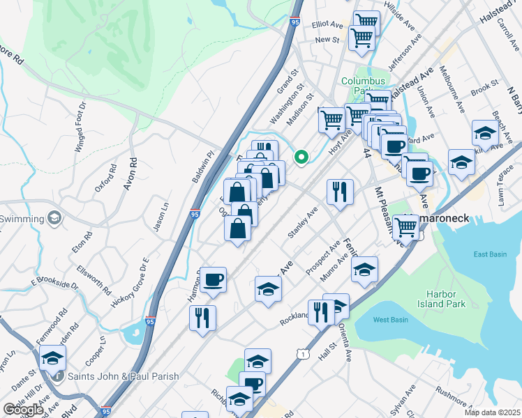 map of restaurants, bars, coffee shops, grocery stores, and more near 420 Railroad Way in Mamaroneck