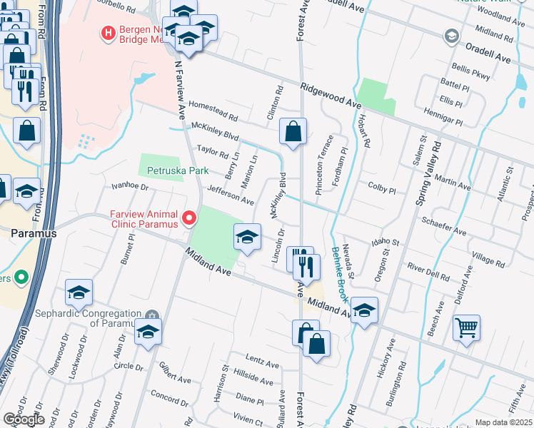 map of restaurants, bars, coffee shops, grocery stores, and more near 239 Monroe Avenue in Paramus
