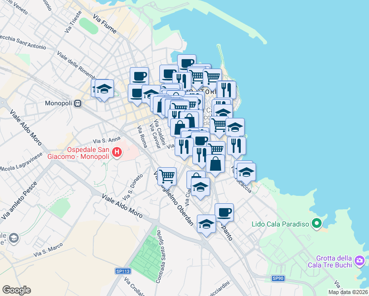 map of restaurants, bars, coffee shops, grocery stores, and more near 1 Via Europa Libera in Monopoli
