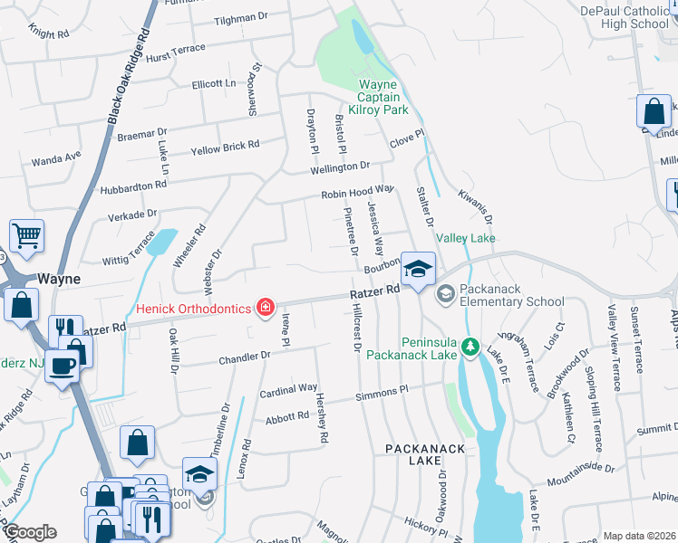 map of restaurants, bars, coffee shops, grocery stores, and more near 16 Bourbon Street in Wayne
