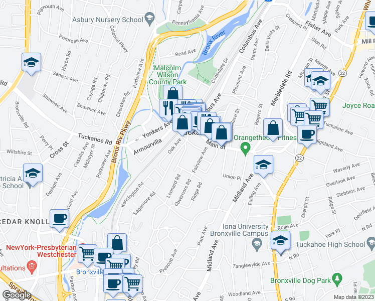 map of restaurants, bars, coffee shops, grocery stores, and more near 34 Westview Avenue in Tuckahoe