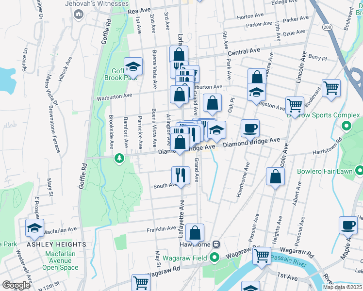 map of restaurants, bars, coffee shops, grocery stores, and more near 304 Lafayette Avenue in Hawthorne