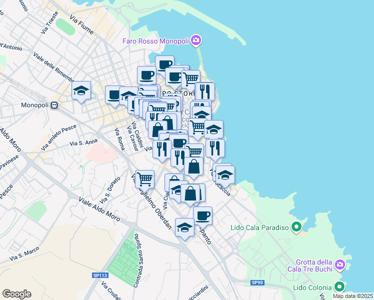map of restaurants, bars, coffee shops, grocery stores, and more near 14-16 Via Europa Libera in Monopoli