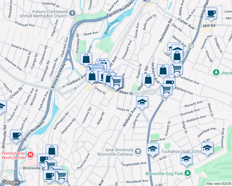 map of restaurants, bars, coffee shops, grocery stores, and more near 32 Terrace Place in Tuckahoe