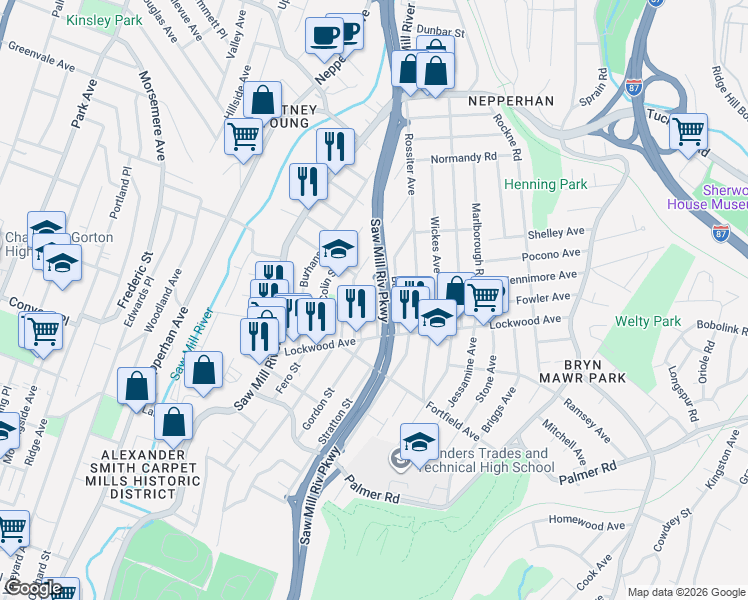 map of restaurants, bars, coffee shops, grocery stores, and more near 11 Manning Avenue in Yonkers