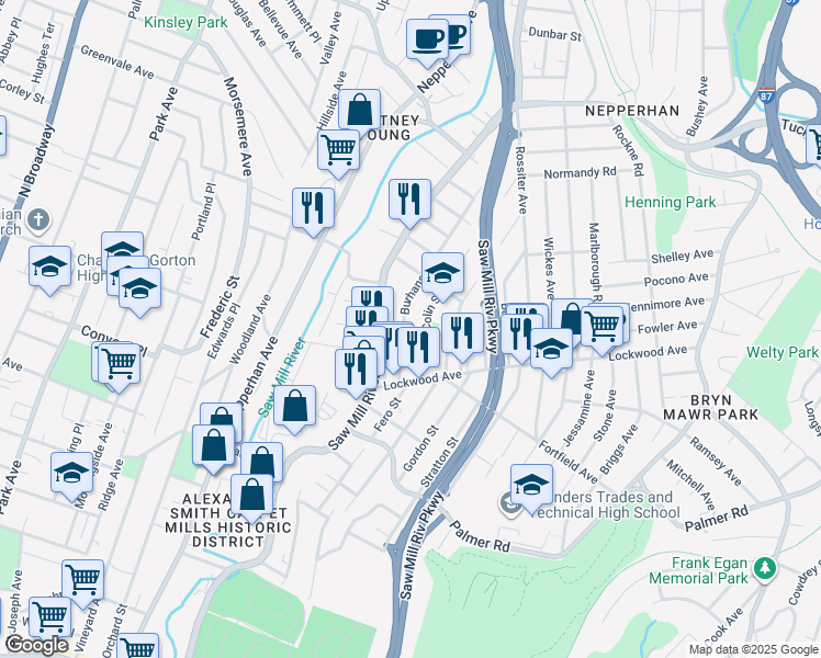 map of restaurants, bars, coffee shops, grocery stores, and more near 23 Colin Street in Yonkers