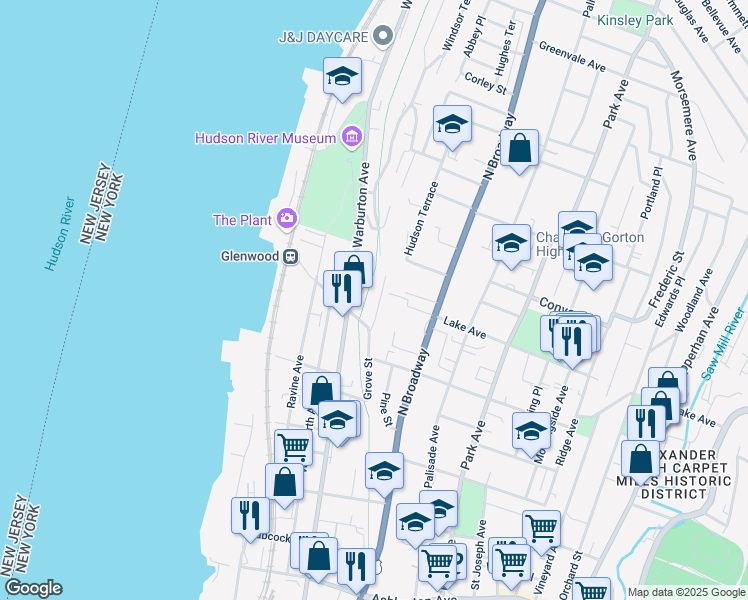 map of restaurants, bars, coffee shops, grocery stores, and more near 23 Hudsonview Terrace in Yonkers