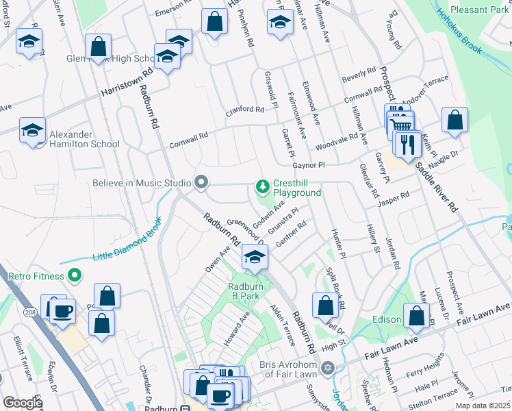 map of restaurants, bars, coffee shops, grocery stores, and more near 8 Godwin Avenue in Fair Lawn