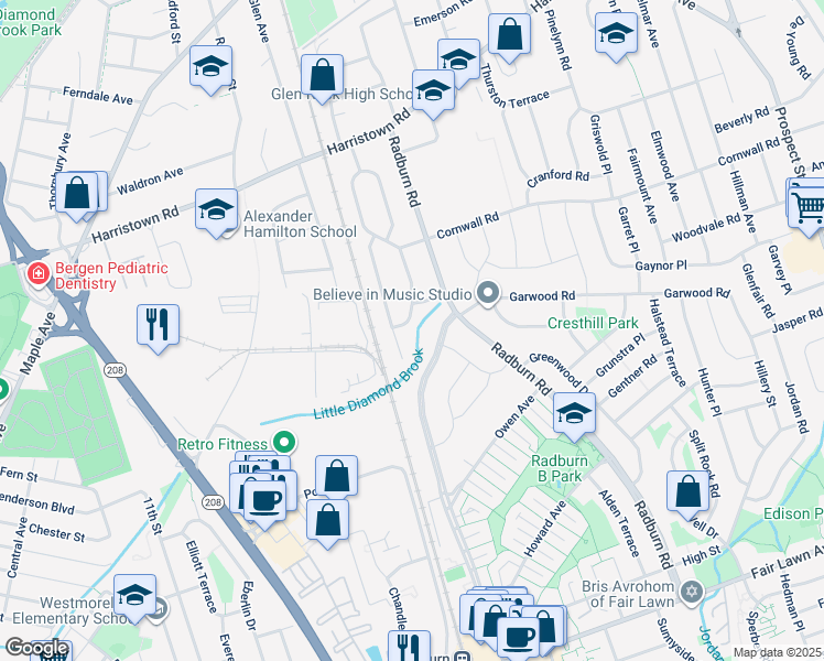 map of restaurants, bars, coffee shops, grocery stores, and more near 78 Nottingham Road in Fair Lawn