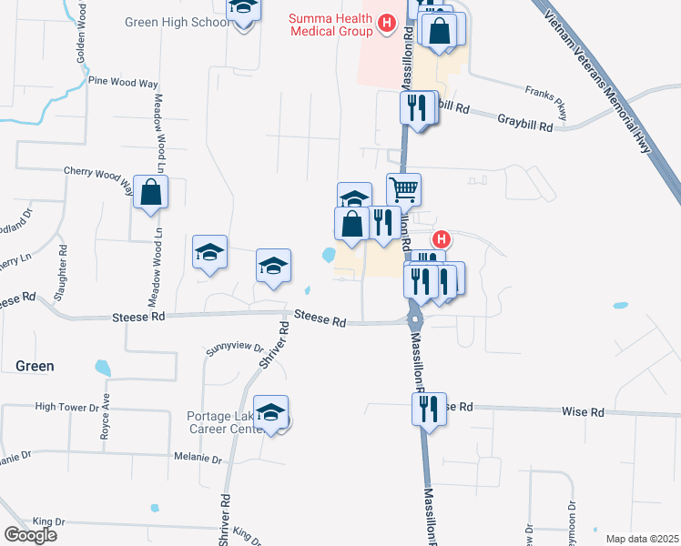 map of restaurants, bars, coffee shops, grocery stores, and more near 4200 Town Crossing Boulevard in Uniontown