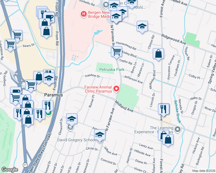 map of restaurants, bars, coffee shops, grocery stores, and more near 151 East Midland Avenue in Paramus