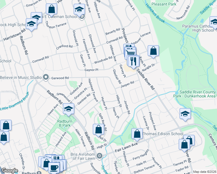 map of restaurants, bars, coffee shops, grocery stores, and more near 19-23 Hunter Place in Fair Lawn