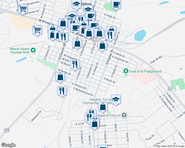 map of restaurants, bars, coffee shops, grocery stores, and more near 184 South Cedar Street in Hazleton