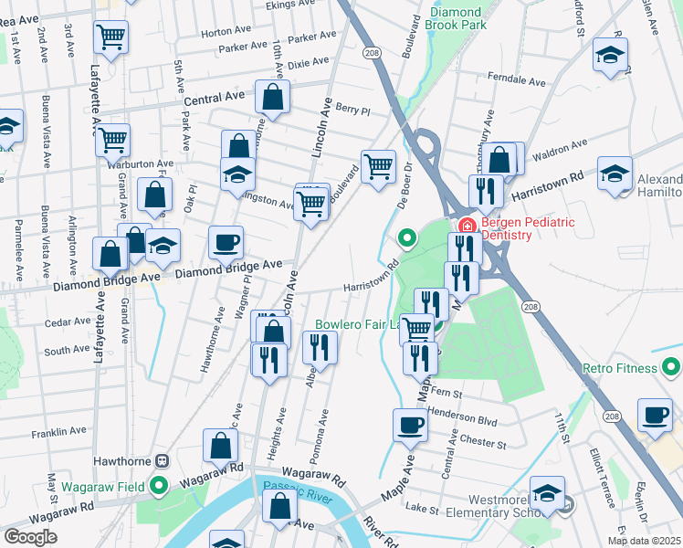 map of restaurants, bars, coffee shops, grocery stores, and more near 1 Pomona Avenue in Fair Lawn