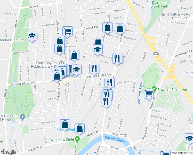 map of restaurants, bars, coffee shops, grocery stores, and more near 326 Diamond Bridge Avenue in Hawthorne